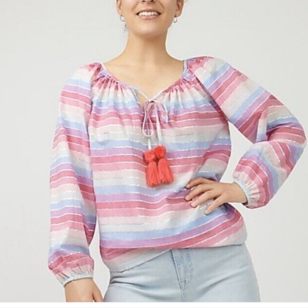 J Crew Rainbow Metallic Stripe Peasant Blouse